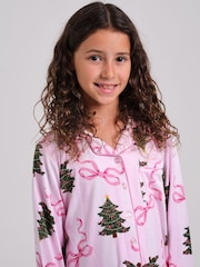 Loungeable Christmas Bow Stripe Super Soft Long Sleeve Button Through Pyjamas Set - Image 4 de 4