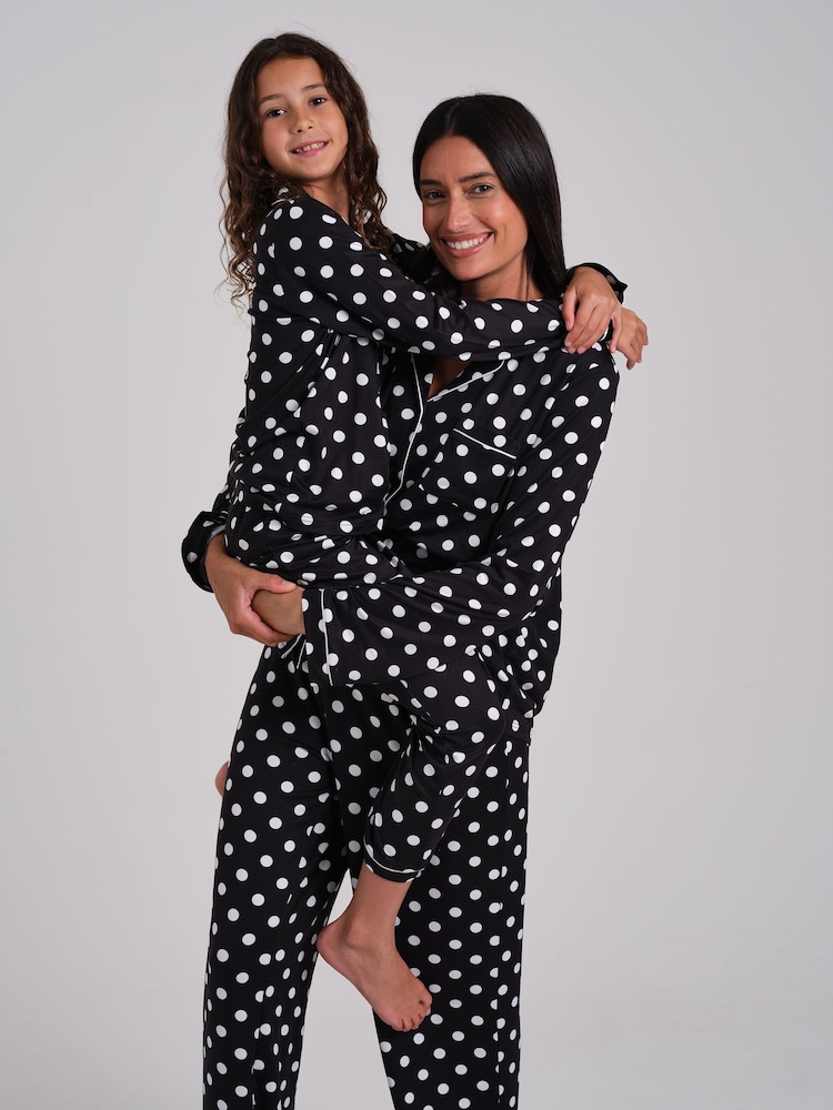 Loungeable Black Polka Dot Super Soft Long Sleeve Button Through Pyjamas Set - Image 1 of 5