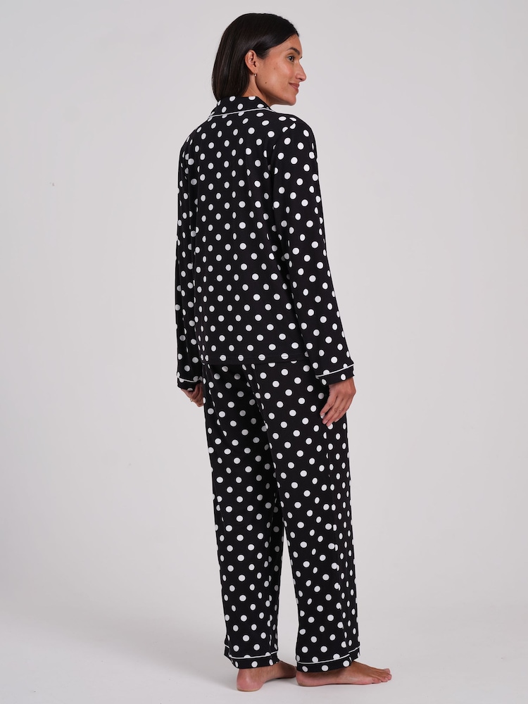 Loungeable Black Polka Dot Super Soft Long Sleeve Button Through Pyjamas Set - Image 2 of 5