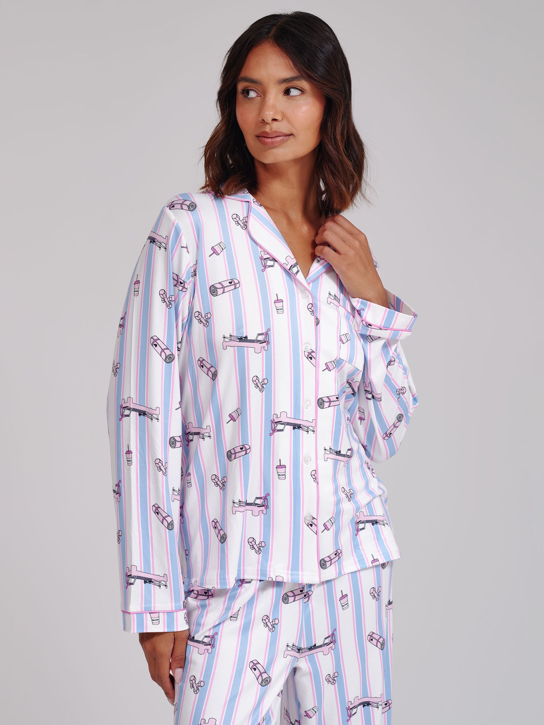 Loungeable Women's Pink Pilates Super Soft Long Sleeve Bow Tie Pyjamas Set