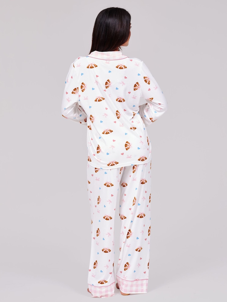 Loungeable Croissant Bow Super Soft Long Sleeve Button Through Pyjamas Set - 6এর মধ্যে 2 ছবি