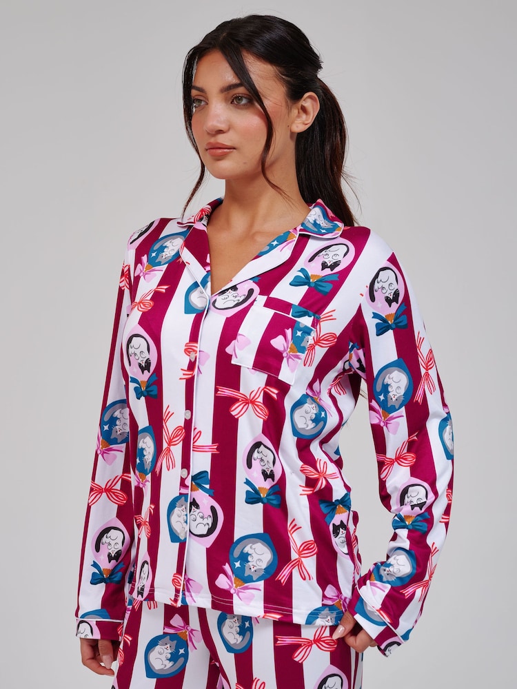 Buy Loungeable Red Christmas Cat Stripe Super Soft Long Sleeve Button ...