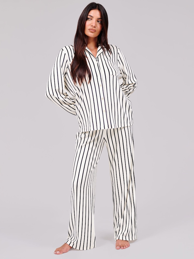 Loungeable White Pinstripe Velour Long Sleeve Button Through Pyjamas Set - Image 1 of 5 Loungeable White Pinstripe Velour Long Sleeve Button Through Pyjamas Set - Image 1 of 5