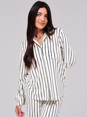 Loungeable White Pinstripe Velour Long Sleeve Button Through Pyjamas Set - Image 4 of 5