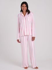 Loungeable Pink Stripe Velour Long Sleeve Button Through Pyjamas Set - Image 2 of 6