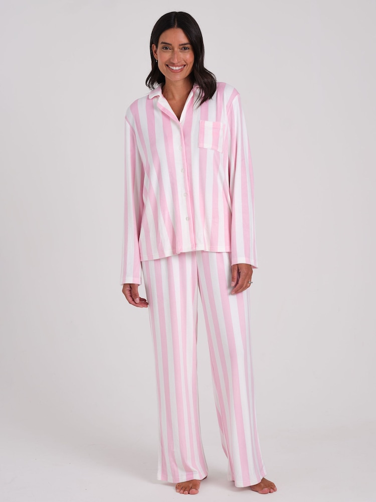 Loungeable Pink Stripe Velour Long Sleeve Button Through Pyjamas Set - Image 2 of 6 Loungeable Pink Stripe Velour Long Sleeve Button Through Pyjamas Set - Image 2 of 6