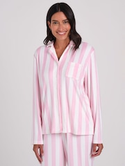 Loungeable Pink Stripe Velour Long Sleeve Button Through Pyjamas Set - Image 4 of 6
