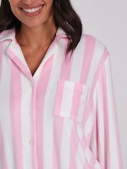 Loungeable Pink Stripe Velour Long Sleeve Button Through Pyjamas Set - Image 6 of 6