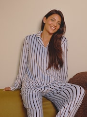 Loungeable Blue Pinstripe Velour Long Sleeve Button Through Pyjamas Set - Image 1 of 6