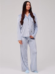 Loungeable Blue Pinstripe Velour Long Sleeve Button Through Pyjamas Set - Image 3 of 6