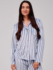 Loungeable Blue Pinstripe Velour Long Sleeve Button Through Pyjamas Set - Image 4 of 6