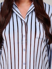 Loungeable Blue Pinstripe Velour Long Sleeve Button Through Pyjamas Set - Image 5 of 6