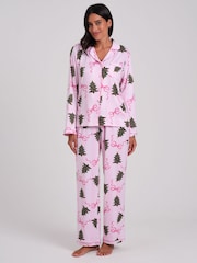 Loungeable Christmas Bow Stripe Super Soft Long Sleeve Button Through Pyjamas Set - Image 3 de 7