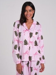 Loungeable Christmas Bow Stripe Super Soft Long Sleeve Button Through Pyjamas Set - Image 5 de 7