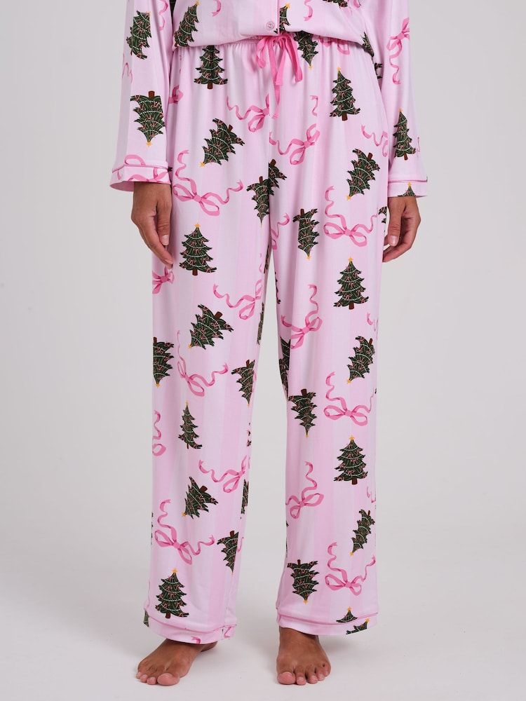 Loungeable Pink Christmas Bow Stripe Super Soft Long Sleeve Button Through Pyjamas Set - Image 6 of 6 Loungeable Pink Christmas Bow Stripe Super Soft Long Sleeve Button Through Pyjamas Set - Image 6 of 6