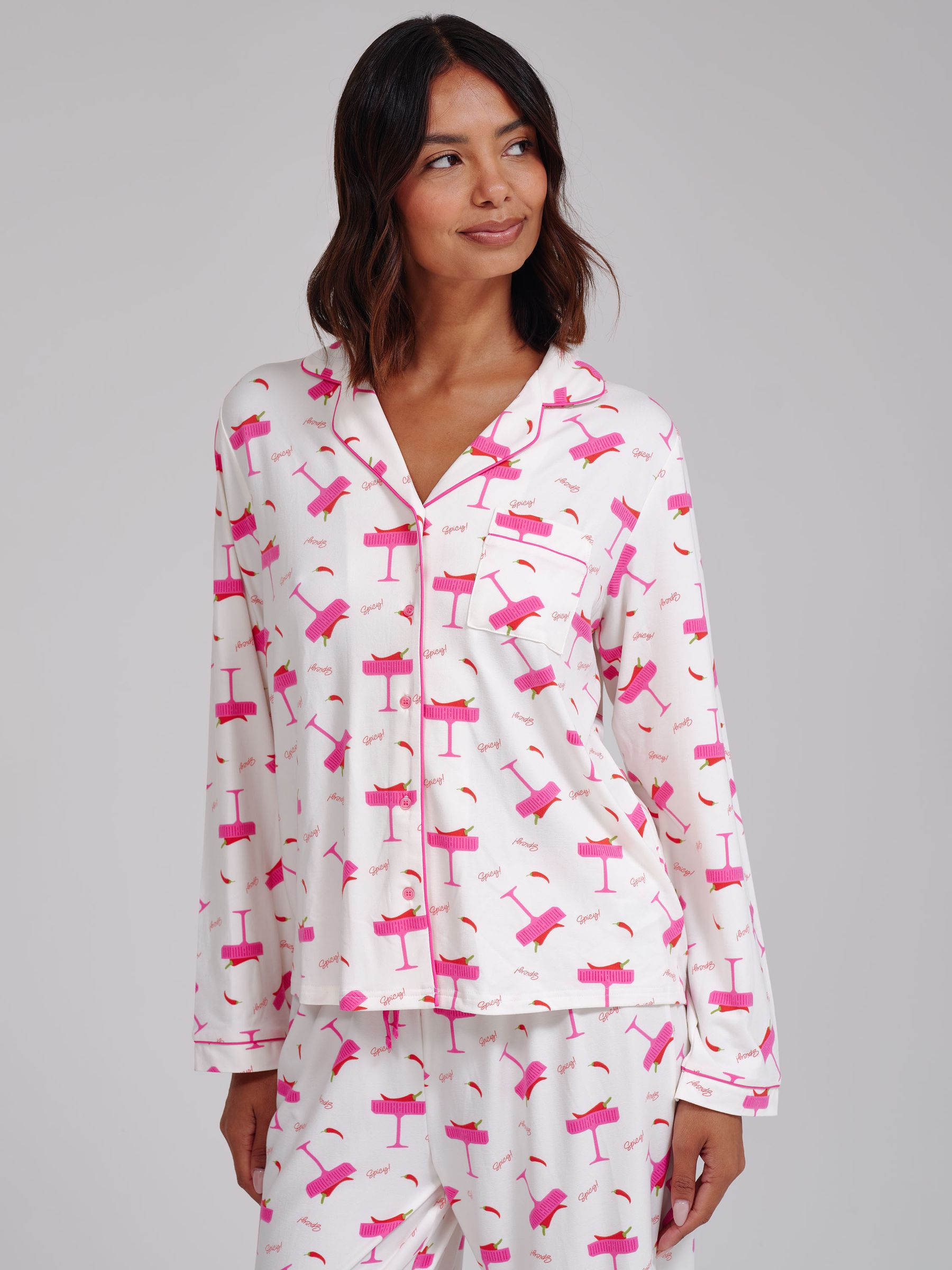 Loungeable Women's White Spicy Marg Super Soft Long Sleeve Bow Tie Pyjamas Set