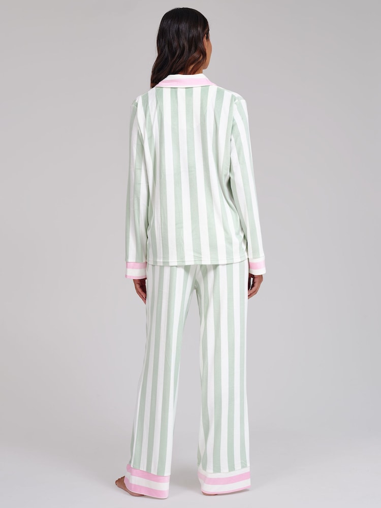 Loungeable Green Stripe Velour Long Sleeve Button Through Pyjamas Set - Image 2 of 6 Loungeable Green Stripe Velour Long Sleeve Button Through Pyjamas Set - Image 2 of 6