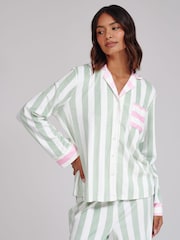 Loungeable Green Stripe Velour Long Sleeve Button Through Pyjamas Set - Image 4 of 6