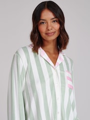 Loungeable Green Stripe Velour Long Sleeve Button Through Pyjamas Set - Image 5 of 6