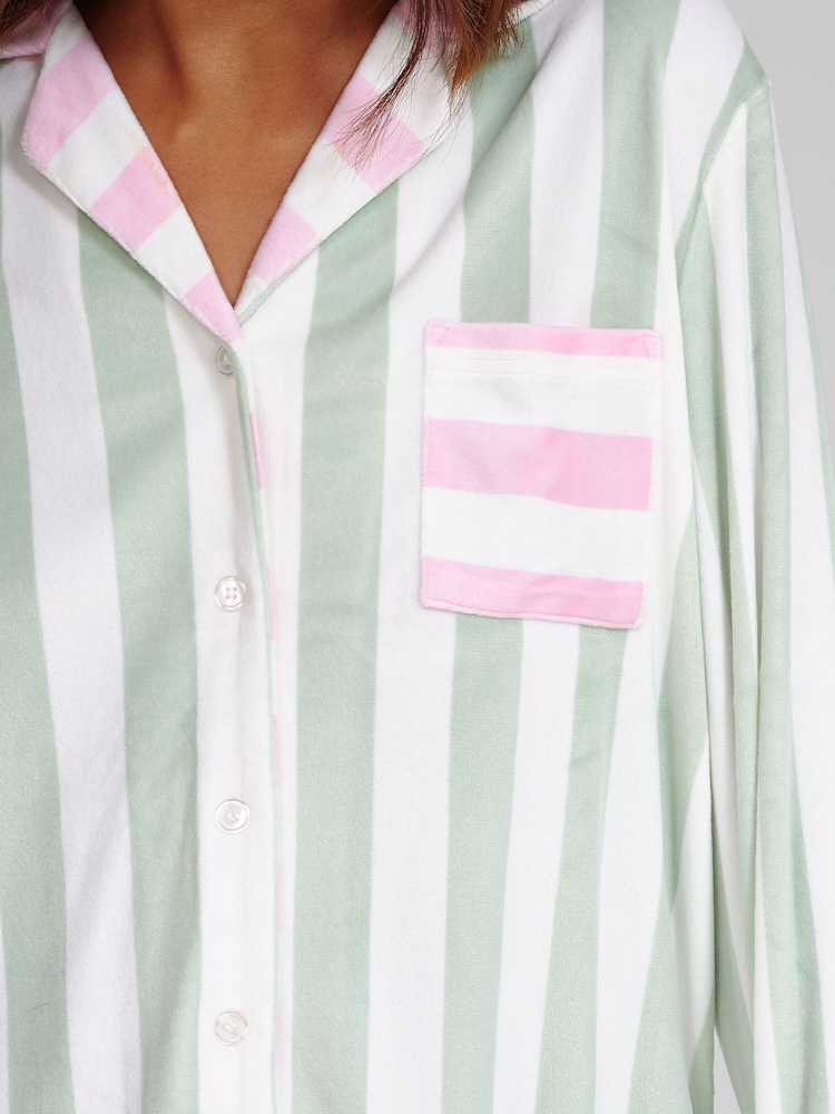 Loungeable Green Stripe Velour Long Sleeve Button Through Pyjamas Set - Image 6 of 6 Loungeable Green Stripe Velour Long Sleeve Button Through Pyjamas Set - Image 6 of 6