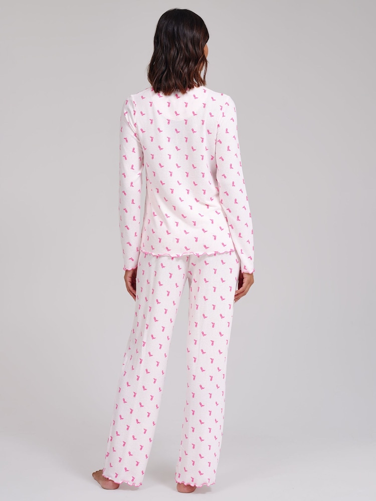 Loungeable Pink Crew Neck Super Soft Marl Brushed Rib Long Pyjamas Set - Image 2 of 6 Loungeable Pink Crew Neck Super Soft Marl Brushed Rib Long Pyjamas Set - Image 2 of 6