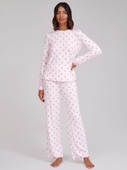 Loungeable Pink Crew Neck Super Soft Marl Brushed Rib Long Pyjamas Set - Image 4 of 6