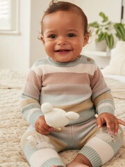 Tan/Blue Tiger Stripe Baby Knitted Jumper & Leggings 2 Piece Set (0mths-2yrs) - Image 1 of 12