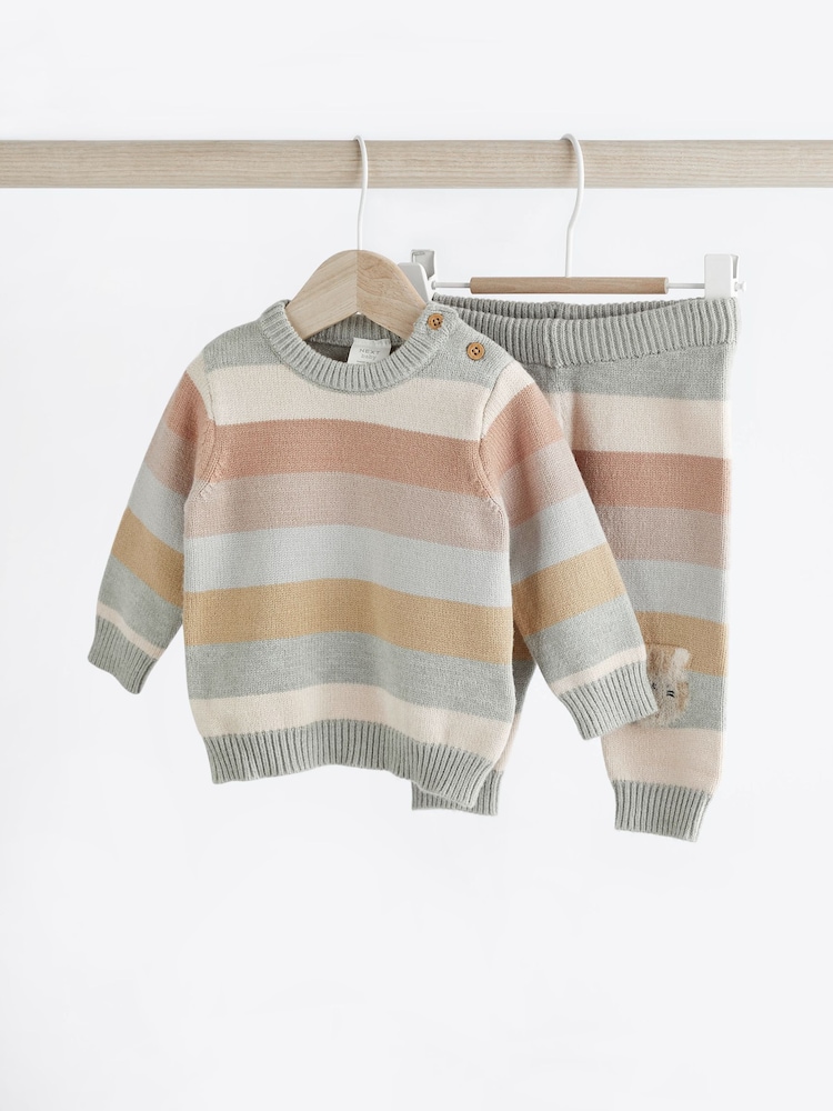 Tan/Blue Tiger Stripe Baby Knitted Jumper & Leggings 2 Piece Set (0mths-2yrs) - Image 5 of 12