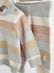 Tan/Blue Tiger Stripe Baby Knitted Jumper & Leggings 2 Piece Set (0mths-2yrs) - Image 7 of 12