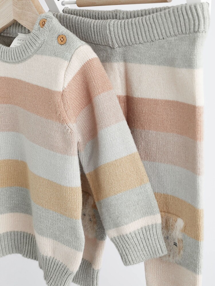 Tan/Blue Tiger Stripe Baby Knitted Jumper & Leggings 2 Piece Set (0mths-2yrs) - Image 7 of 12