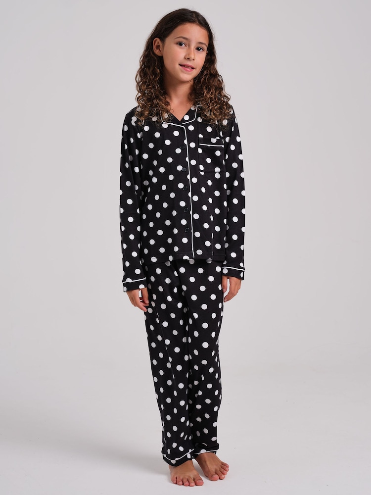 Loungeable Black Polka Dot Super Soft Long Sleeve Button Through Pyjamas Set - Image 1 of 5