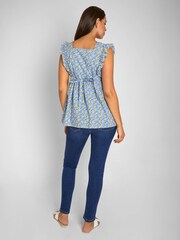 JoJo Maman Bébé Blue Lemon Print Frill Sleeve Maternity Top - Image 2 of 5
