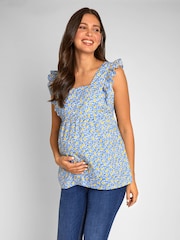 JoJo Maman Bébé Blue Lemon Print Frill Sleeve Maternity Top - Image 3 of 5