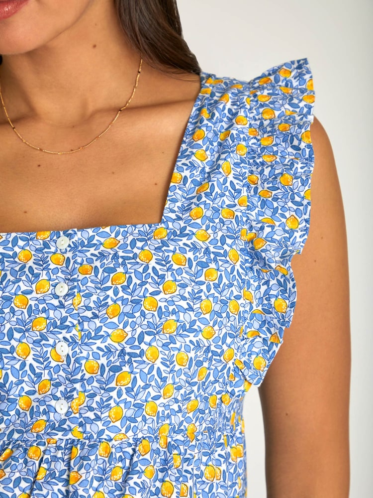 JoJo Maman Bébé Blue Lemon Print Frill Sleeve Maternity Top - Image 5 of 5
