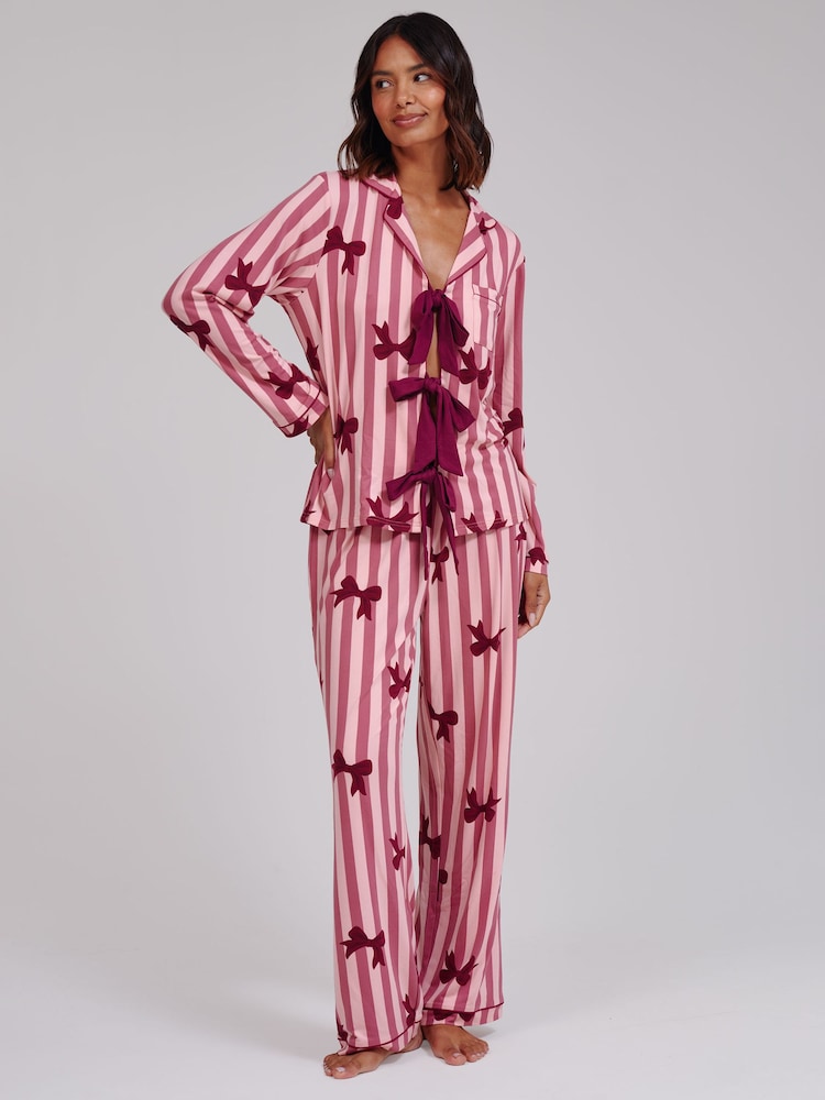 Loungeable Pink Bow Striped Super Soft Tie Front Long Sleeved Pyjamas Set - Image 1 of 5