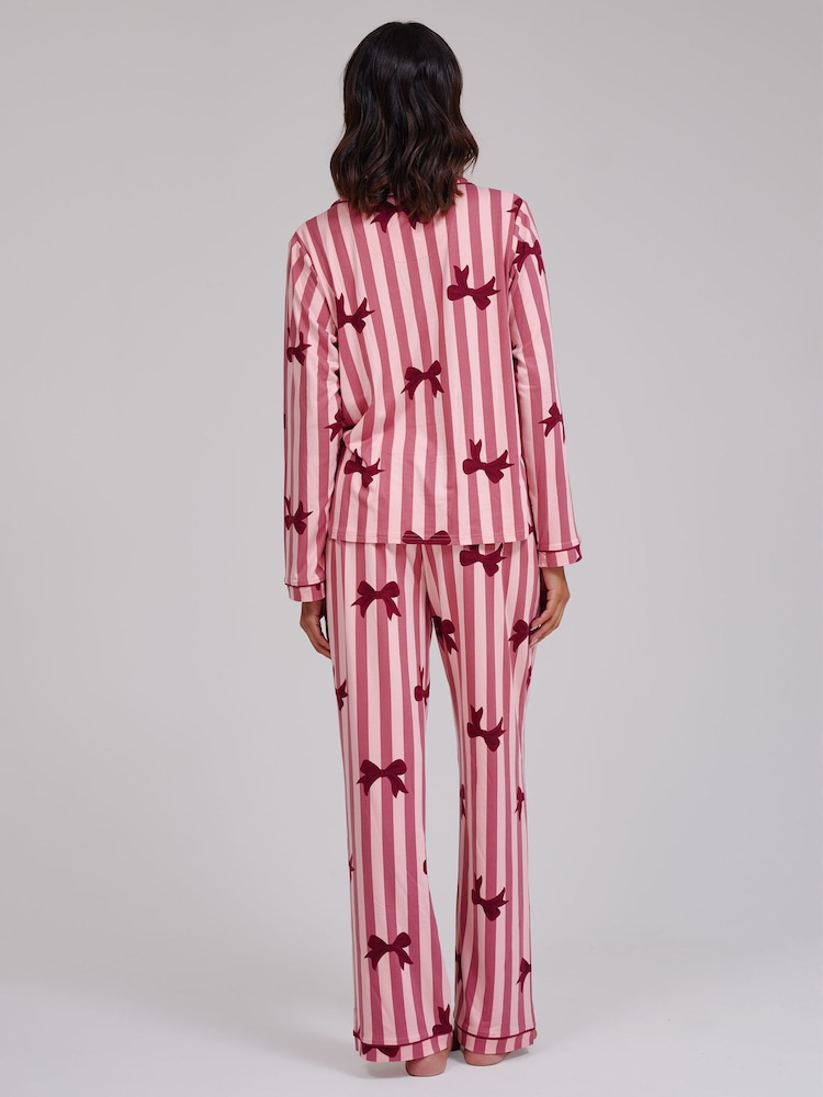 Loungeable Pink Bow Striped Super Soft Tie Front Long Sleeved Pyjamas Set - Image 2 of 5