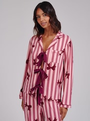 Loungeable Pink Bow Striped Super Soft Tie Front Long Sleeved Pyjamas Set - Image 3 of 5