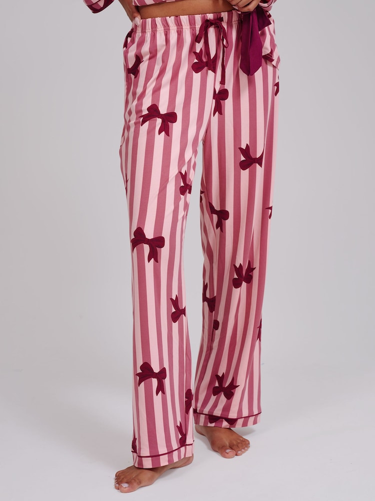 Loungeable Pink Bow Striped Super Soft Tie Front Long Sleeved Pyjamas Set - Image 5 of 5