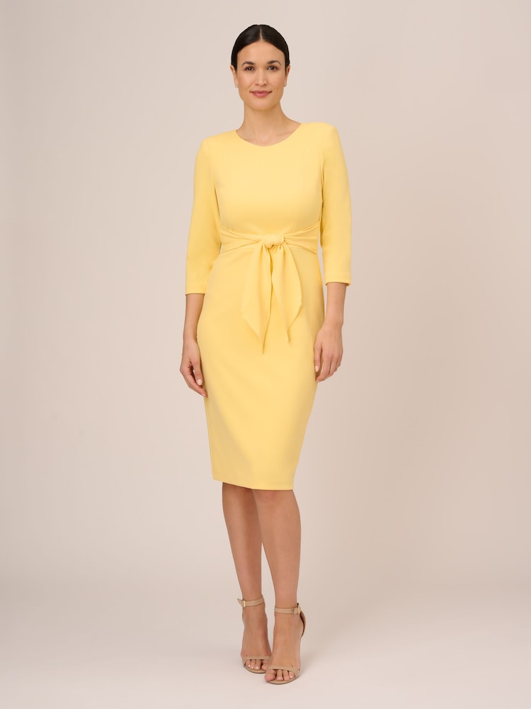 Adrianna Papell Yellow Knit Crepe Tie Waist Sheath Dress - Image 1 of 5 Adrianna Papell Yellow Knit Crepe Tie Waist Sheath Dress - Image 1 of 5