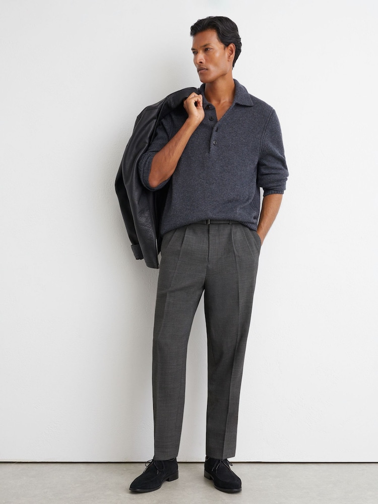 Reiss Soft Grey Strap Tailored Fit Wool-Blend Belted Pleated Trousers - Image 1 of 7 Reiss Soft Grey Strap Tailored Fit Wool-Blend Belted Pleated Trousers - Image 1 of 7