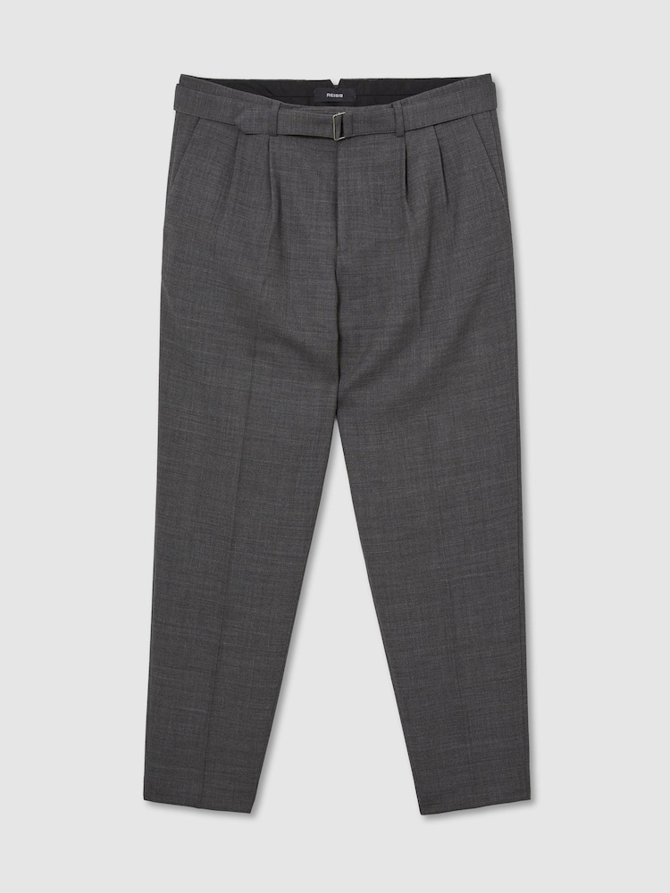Reiss Soft Grey Strap Tailored Fit Wool-Blend Belted Pleated Trousers - Image 2 of 7 Reiss Soft Grey Strap Tailored Fit Wool-Blend Belted Pleated Trousers - Image 2 of 7