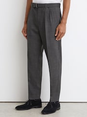 Reiss Soft Grey Strap Tailored Fit Wool-Blend Belted Pleated Trousers - Image 3 of 7