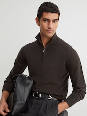 Reiss Chocolate Melange Royal 100% Cashmere Half-Zip Jumper - Image 1 of 7