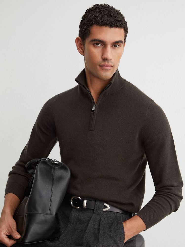 Reiss Chocolate Melange Royal 100% Cashmere Half-Zip Jumper - Image 1 of 7