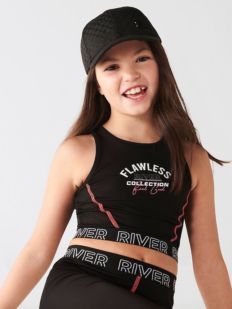 River Island Black Girls 100% Cotton Active Mesh Crop Top - Image 1 of 5