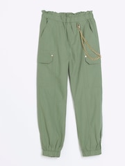 River Island Green Girls Trim Detail Cargo 100% Cotton Trousers - Image 1 of 3
