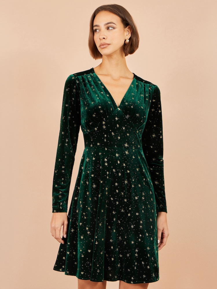 Yumi Velvet Skater Dress With Foil Star Print - صورة 1 من 5