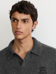 Reiss Charcoal Grey Seth Monogram Wool Relaxed-Fit Polo Jumper - Image 1 of 7