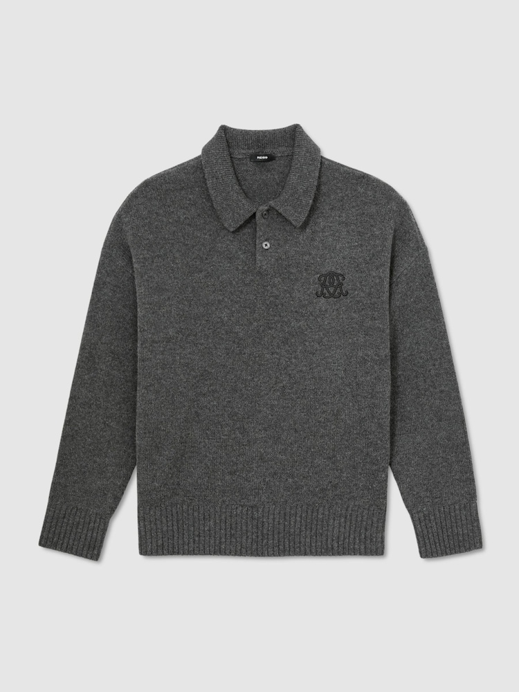 Reiss Charcoal Grey Seth Monogram Wool Relaxed-Fit Polo Jumper - Image 2 of 7 Reiss Charcoal Grey Seth Monogram Wool Relaxed-Fit Polo Jumper - Image 2 of 7