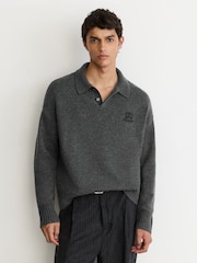 Reiss Charcoal Grey Seth Monogram Wool Relaxed-Fit Polo Jumper - Image 4 of 7